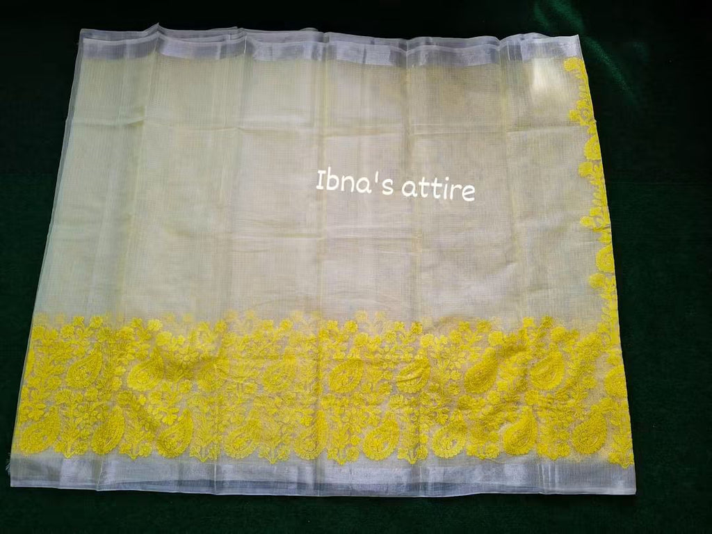 Pure Kota Saree with All-Over Lucknowi Chikankari Work & Cotton Block Printed Blouse Piece