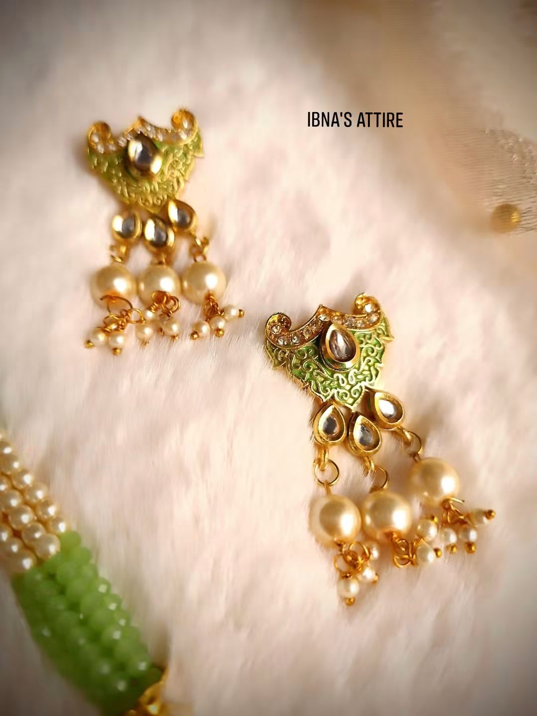 Traditional Mint Green Kundan Pearl Mina Work Necklace Set with Matching Earrings