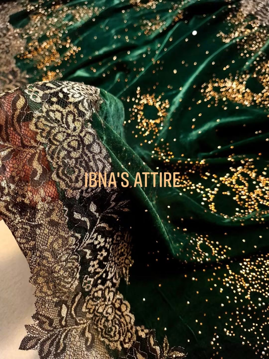 Luxurious Bottle Green Soft Velvet Shawl with French Valentino Lace & Crystal Swarovski Work (210x80 cm)