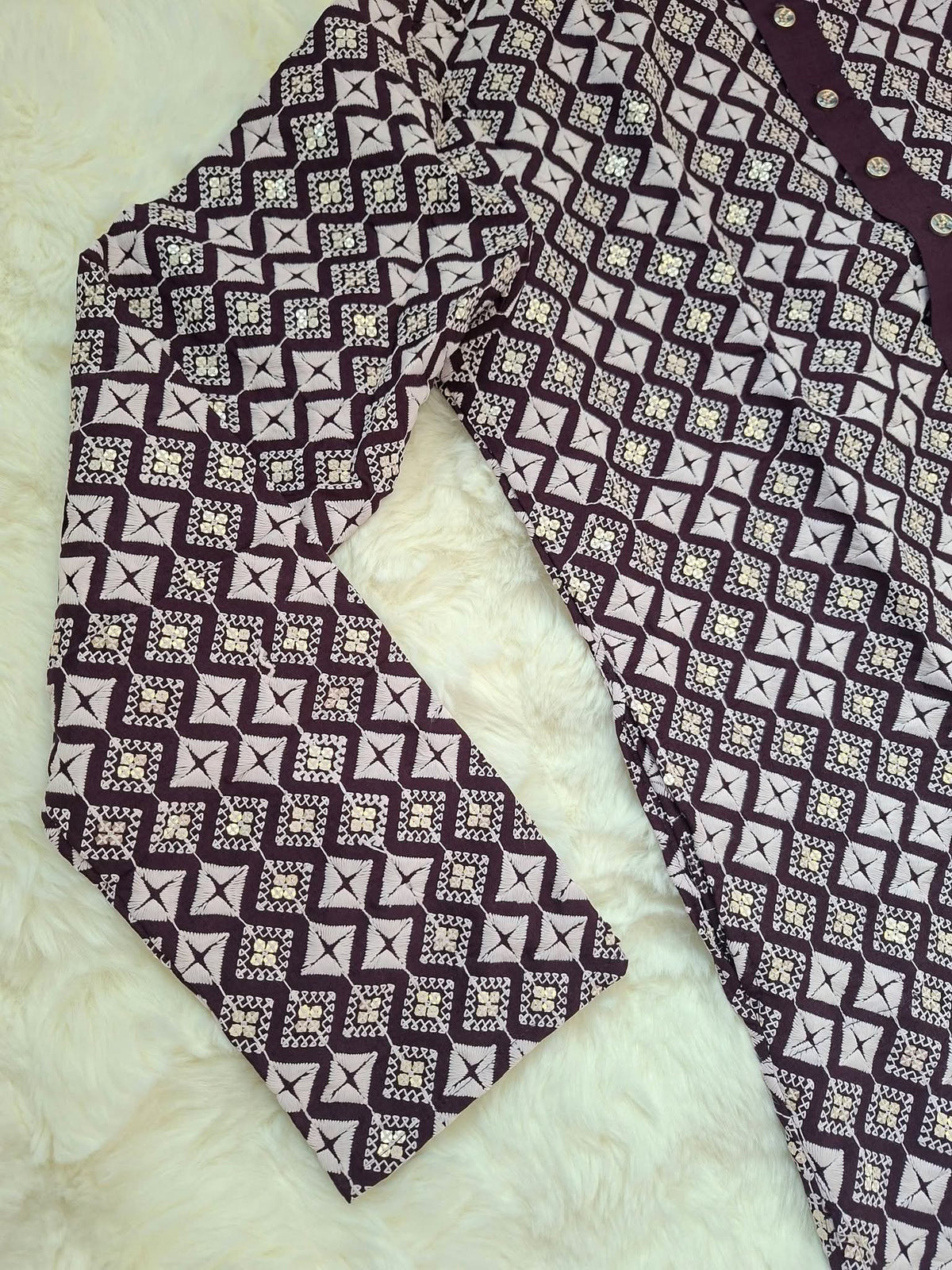 Men's Burgundy Soft Silk Embroidered Kurta Panjabi | All-Over White Threadwork & Sequin Geometric Motif Kurta (Size 42 )