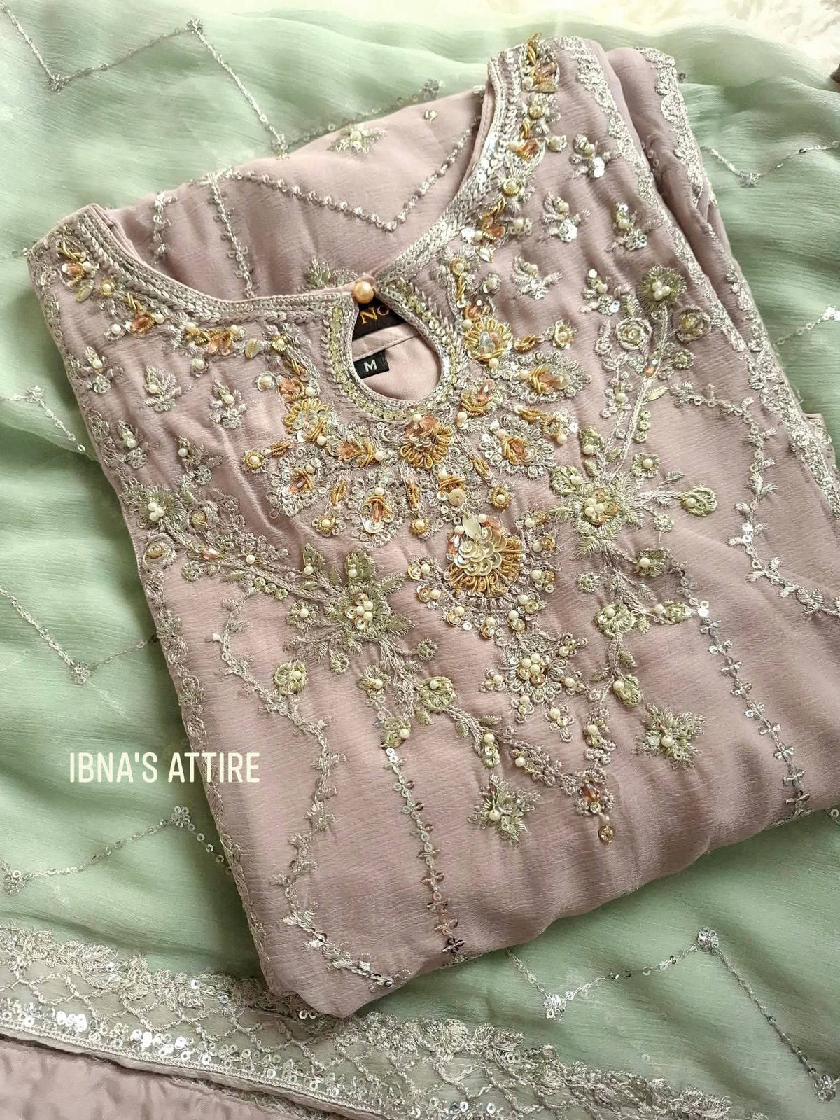 Aghanoor Chiffon Heavy Hand-Embellished 3-Piece Suit | Mauve & Mint Green Designer Festive Wear (Size-44)