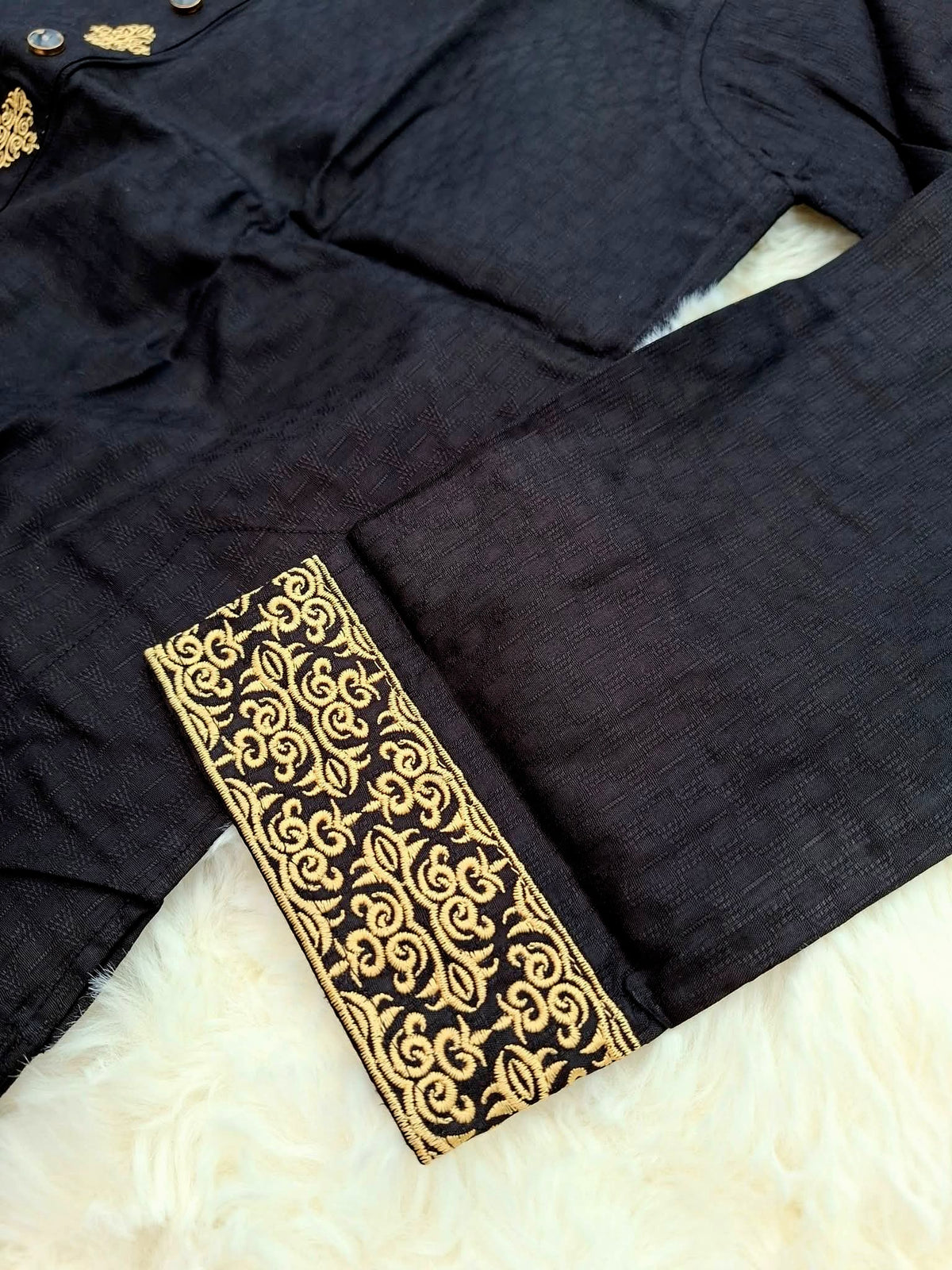 Men's Classic Black Soft Cotton Panjabi with Golden Zari Embroidered Collar & Cuffs (Size 44 & 48)