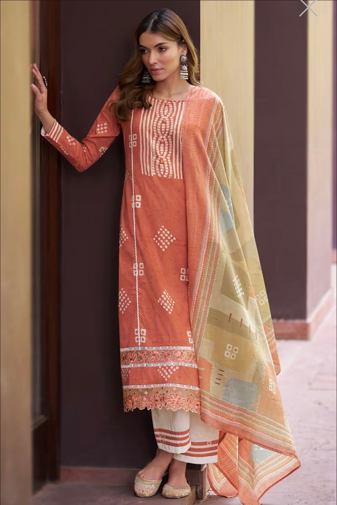 Salmon Orange Cotton Straight-Cut Suit Set with Resham Thread, Dori, and Lace Work | Size 42