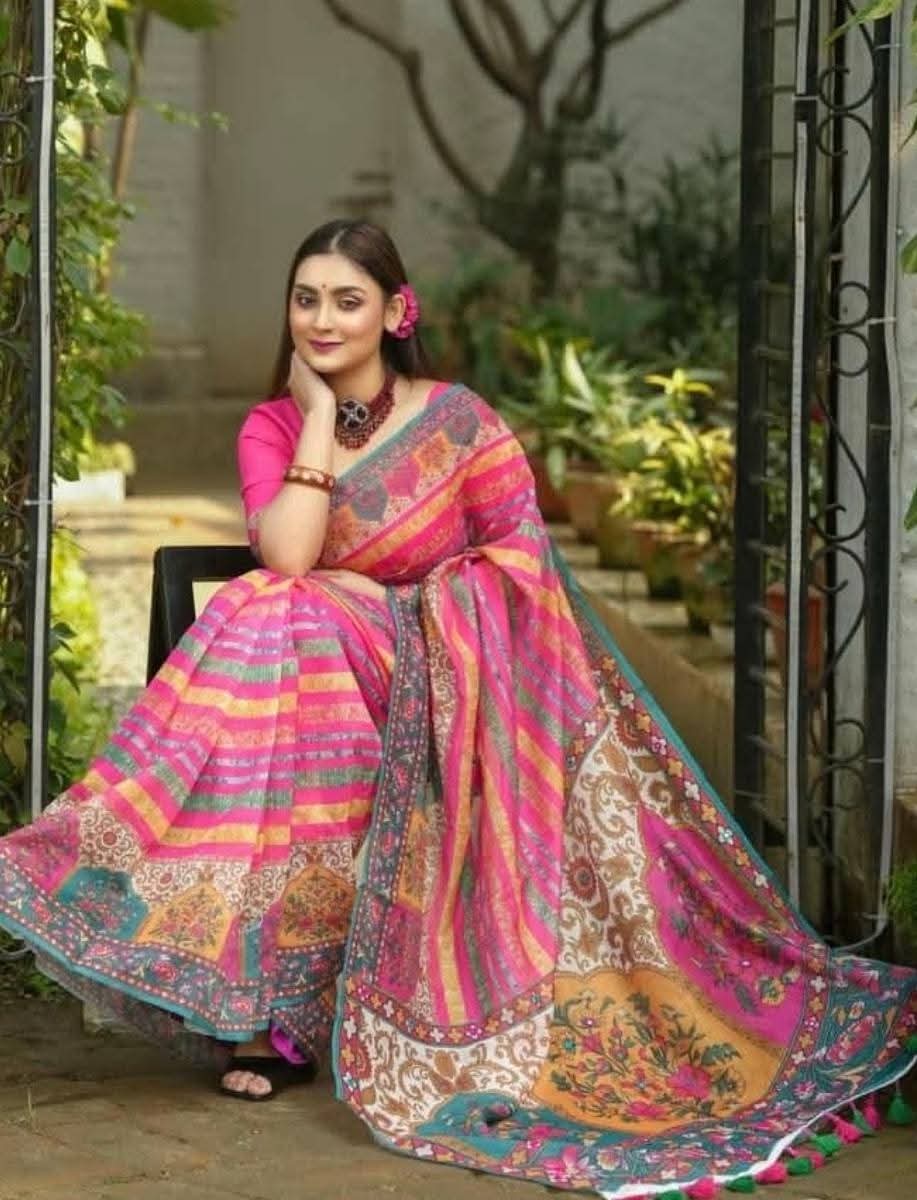 Vibrant multicolor chanderi silk saree worn by a woman 