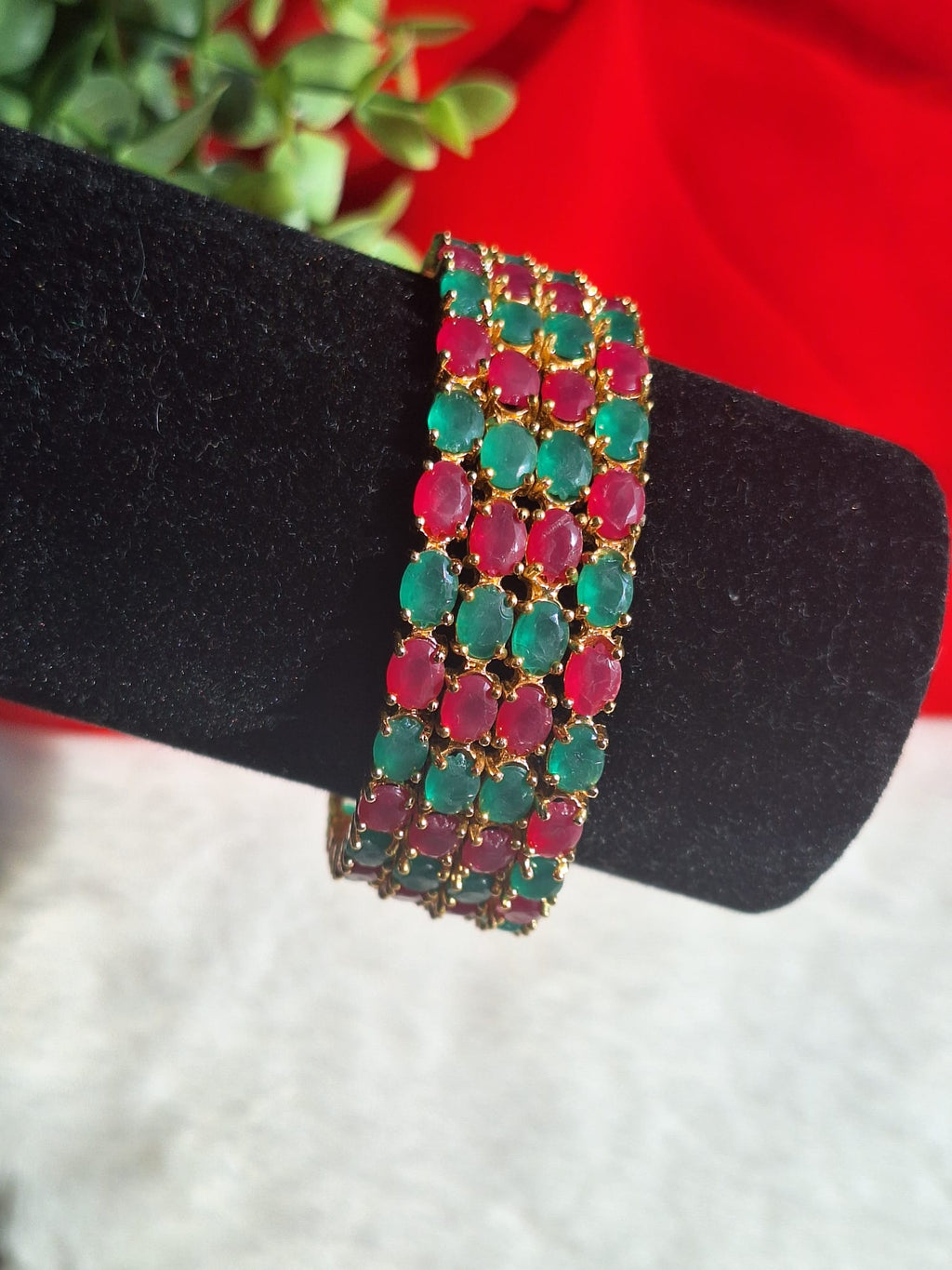 Gold-Plated AD Bangles Set with Multi-Color Ruby and Emerald Oval Stones-4piece- (Size- 2.6)