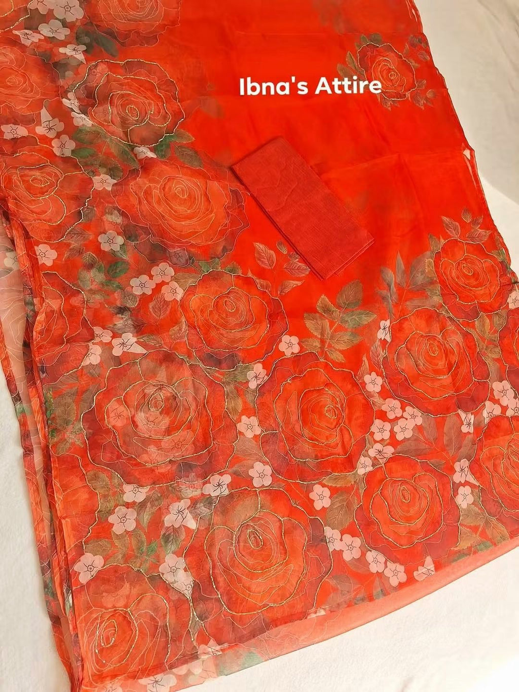 Red Soft Organza Saree | All-Over Floral Print with Kardana Handwork & Bangalory Silk Blouse Piece