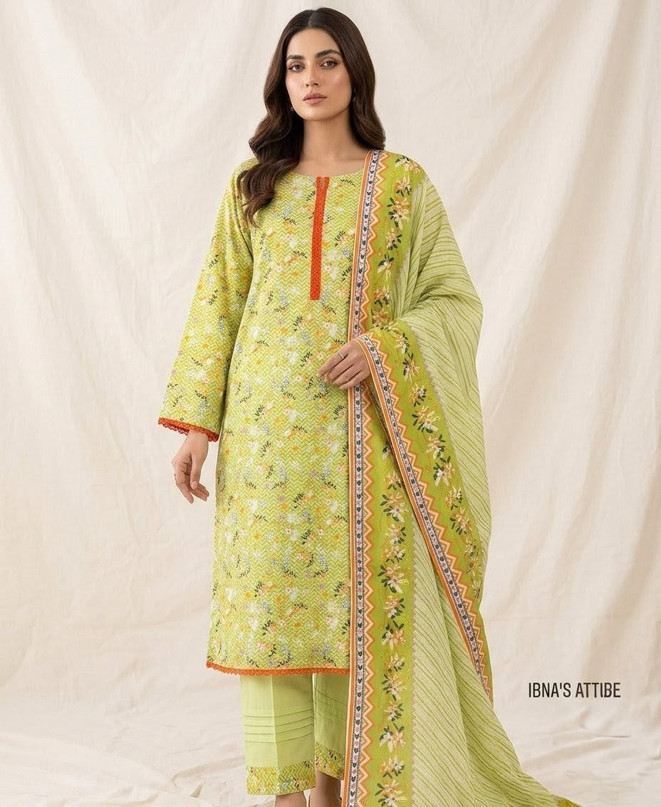 Woman wearing a green traditional outfit with floral patterns on a beige background