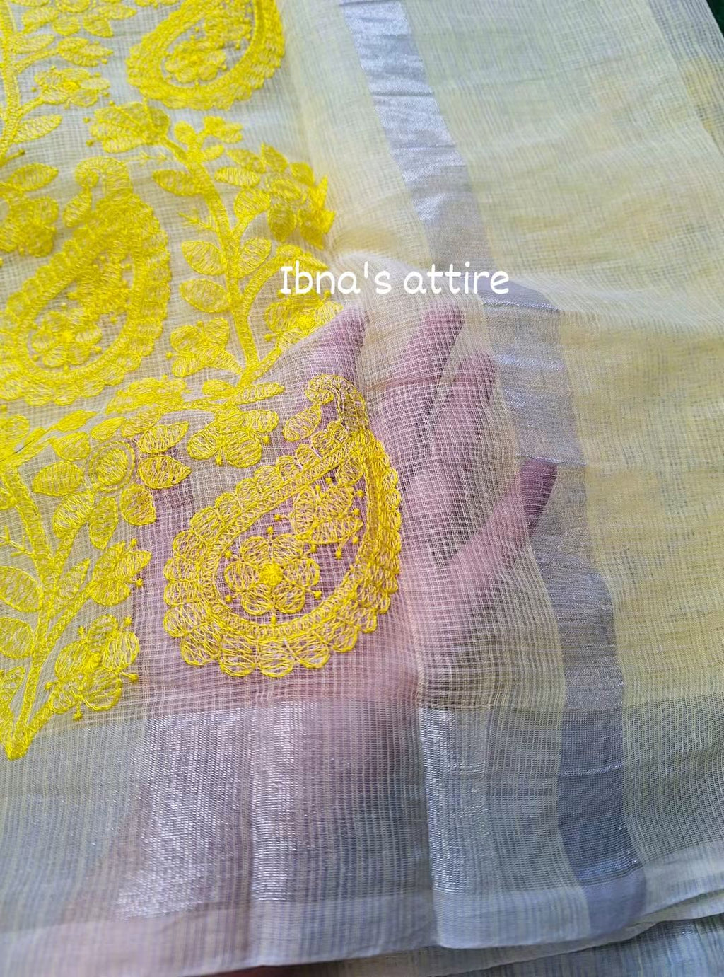 Pure Kota Saree with All-Over Lucknowi Chikankari Work & Cotton Block Printed Blouse Piece