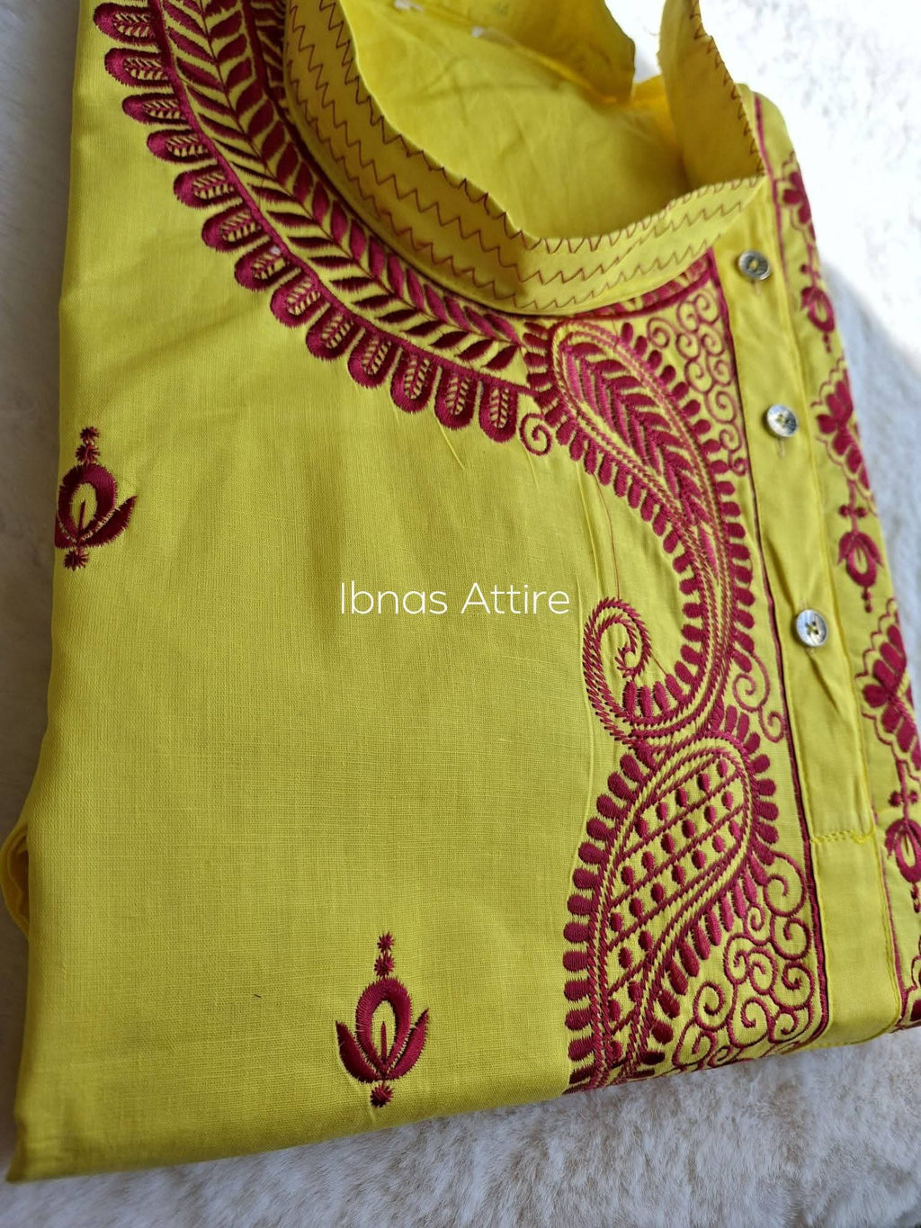Pure Soft Cotton Embroidery Work Men's Panjabi | Lemon Yellow Traditional Ethnic Wear (Loose Fit, Size 44)