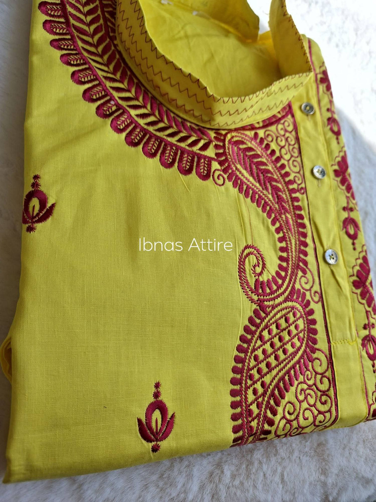 Pure Soft Cotton Embroidery Work Men's Panjabi | Lemon Yellow Traditional Ethnic Wear (Loose Fit, Size 44)