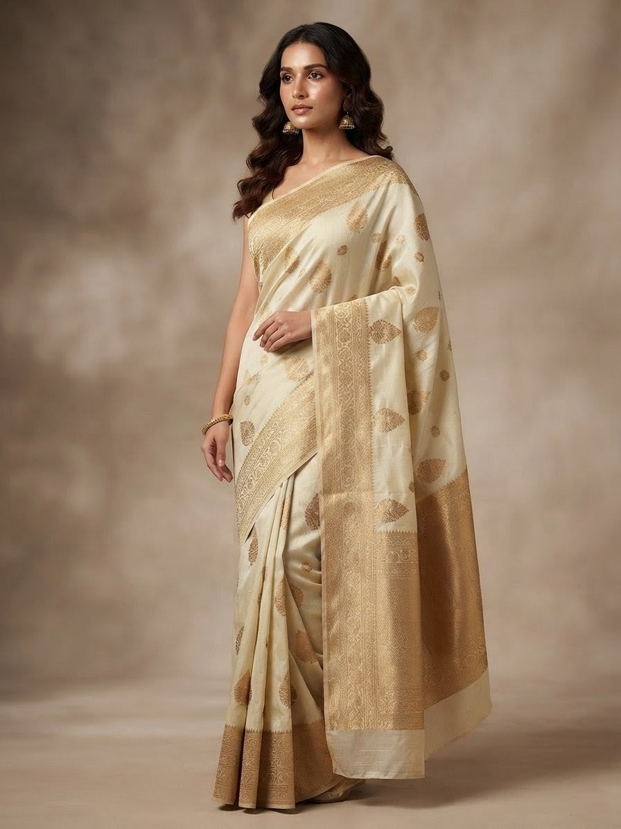 A woman wearing a beige color khaddi banarasi softy silk saree on a beige background 