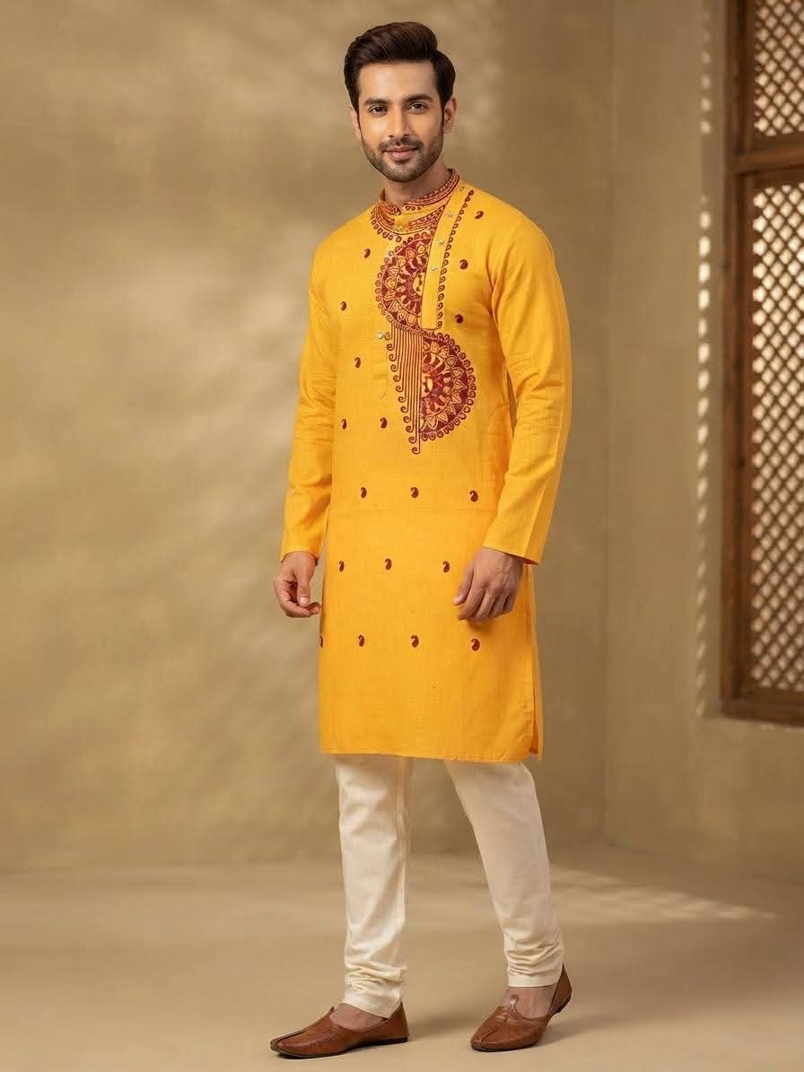 Model wearing a marrigold color cotton long kurta with red/maroon embroidery, off-white churidar pants, brown leather shoes, rustic textured backdrop.