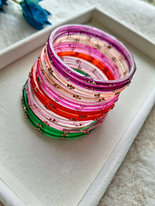 12-Piece Multi-Color Festive Glass Bangle Stack with Gold Sequin Accents | Warm Jewel Tone Glass Churi Set (Size 2.8)