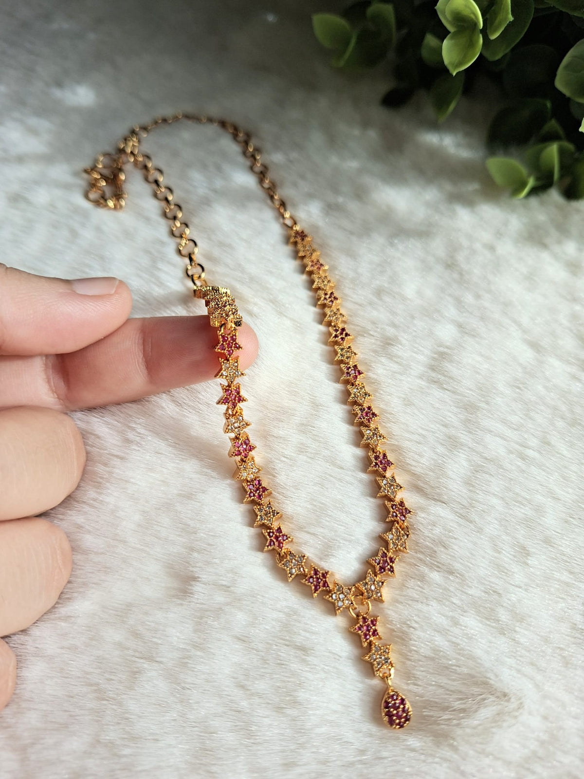 Gold Plated Zircon Stone Designer Necklace | Delicate Floral Motif Necklace with Drop Pendant