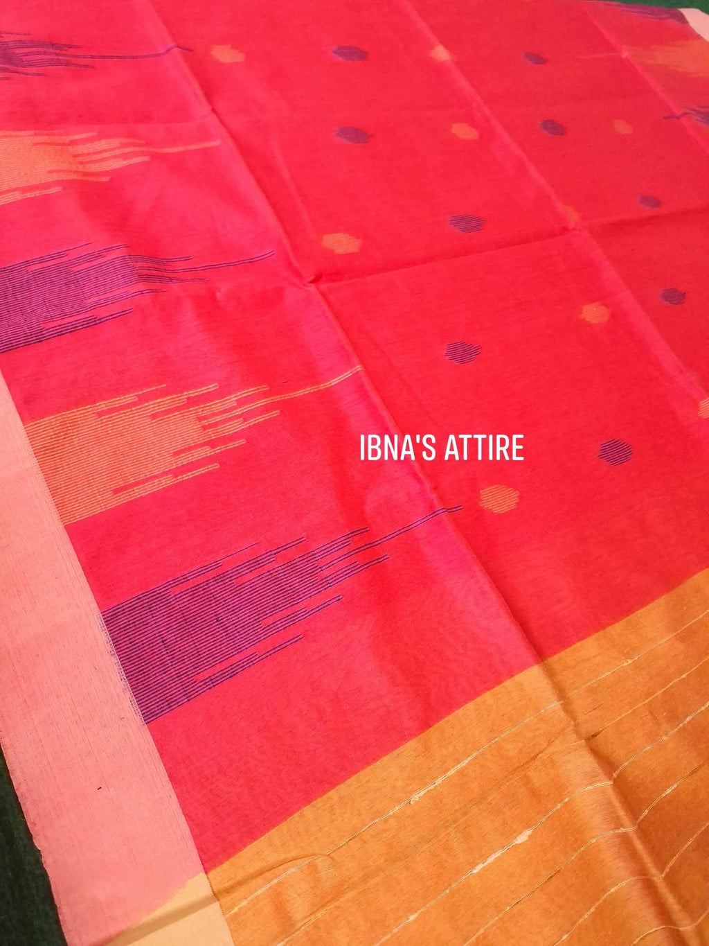 Pure Khaddi Cotton Handloom Saree | Dual-Tone Coral Pink & Ochre Yellow Handwoven Saree with Contrast Blouse Piece