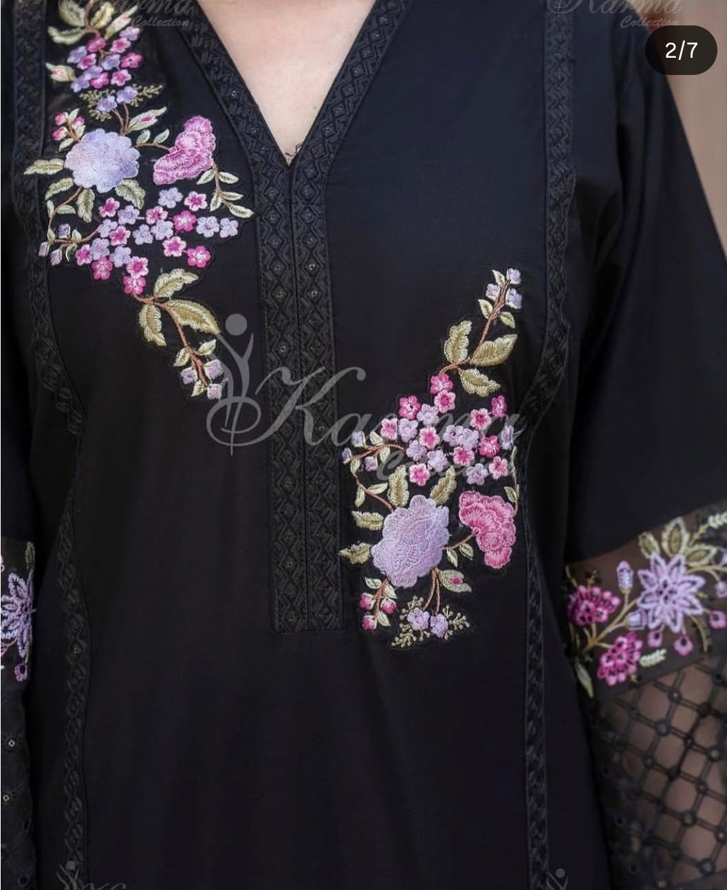 Karma ChikanKari Pakistani Lawn 3-Piece Suit | Black Floral Printed Khaddi Dupatta Set (Size- 38)