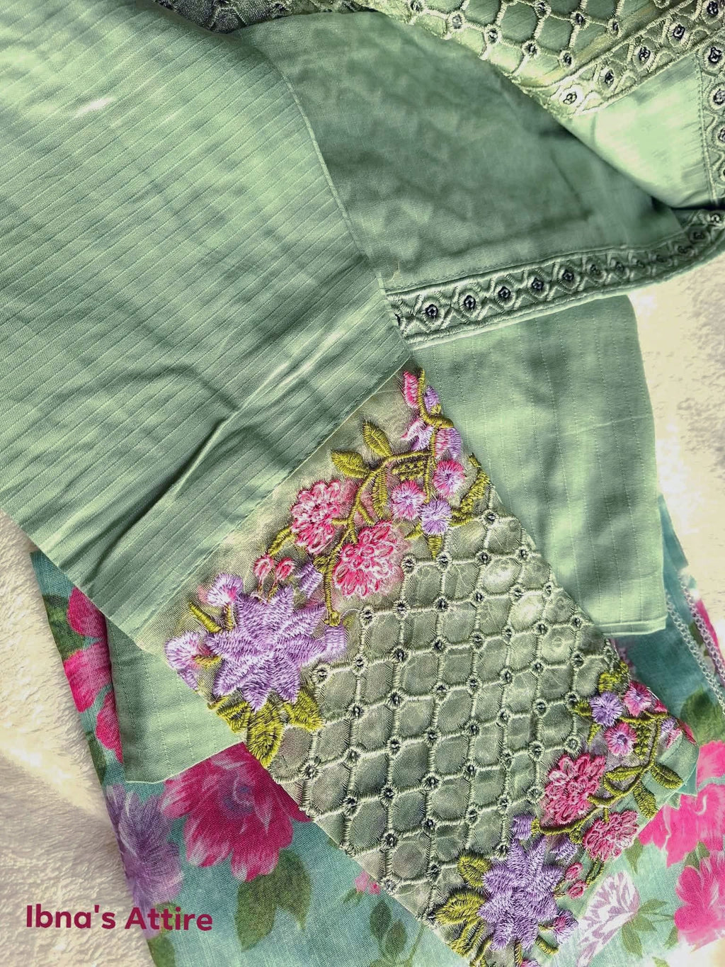 Soft Pakistani Lawn Embroidered 3-Piece Suit | Sage Green Designer Casual Wear (Size-40)