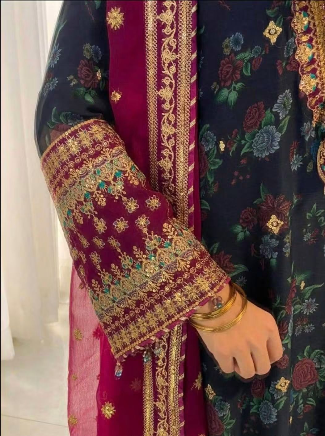 Party Wear 3-Piece Pakistani Chiffon Suit in Dark Teal with Digital Print, Sequins, Gota Work, Silk Trouser, and Embroidered Dupatta (Size- 44)
