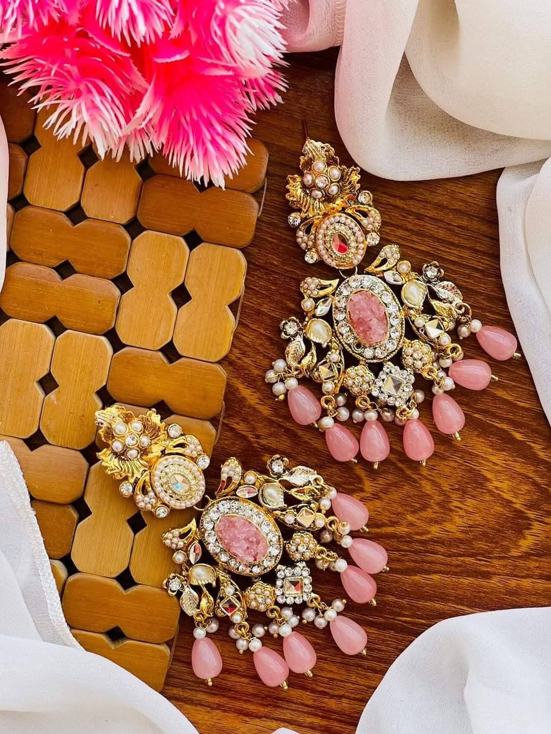 Premium Gold Plated Crushed Pink Stones Ethnic Statement Drop Earrings 