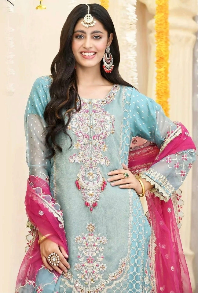 Zahar Rubab Designer Pakistani Eid Outfit | Acqua Blue- Masoor Kurta with Net Dupatta & Banarasi Gharara (Size-42)