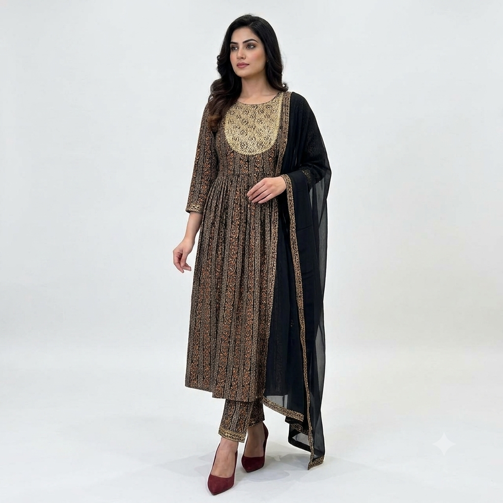 A woman models a traditional Indian salwar kameez suit set. The outfit features a brown and gold patterned kurta with a gold embroidered neckline, matching patterned trousers, and a solid black dupatta with gold border detailing.