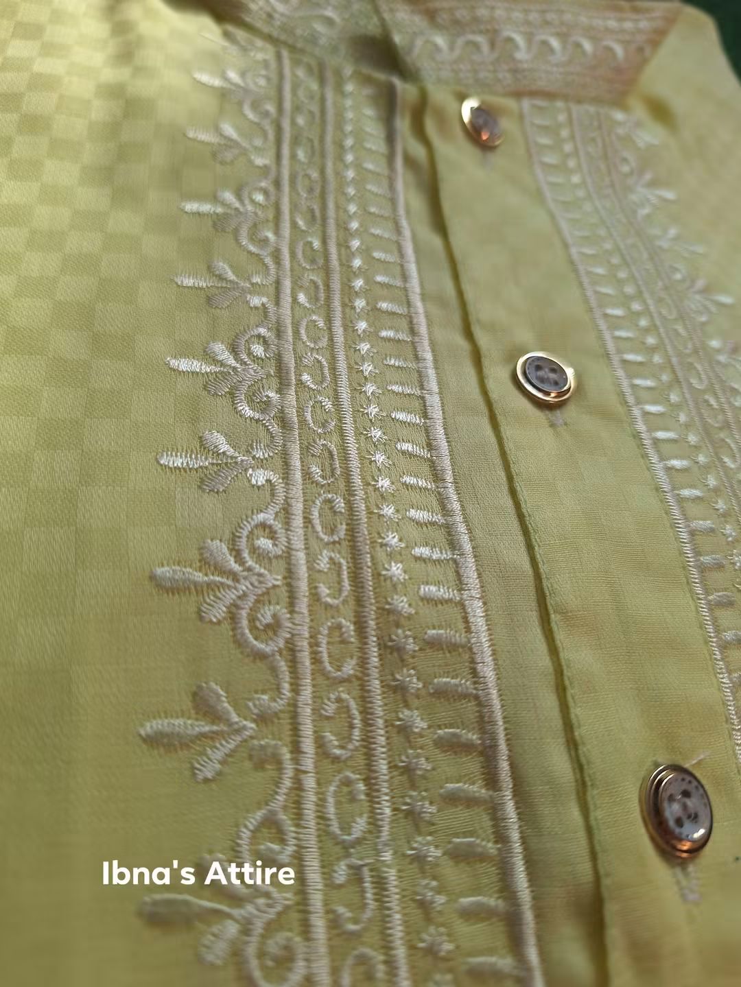Summer-Friendly 100% Handloom Cotton Panjabi for Men in Soft Lemon Yellow with Self Jacquard Weave and Neckline Embroidery (Size- 40 & 44)