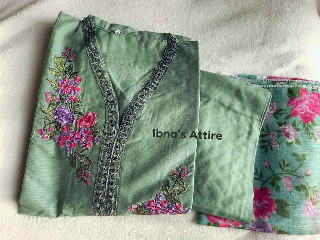 Soft Pakistani Lawn Embroidered 3-Piece Suit | Sage Green Designer Casual Wear (Size-40)