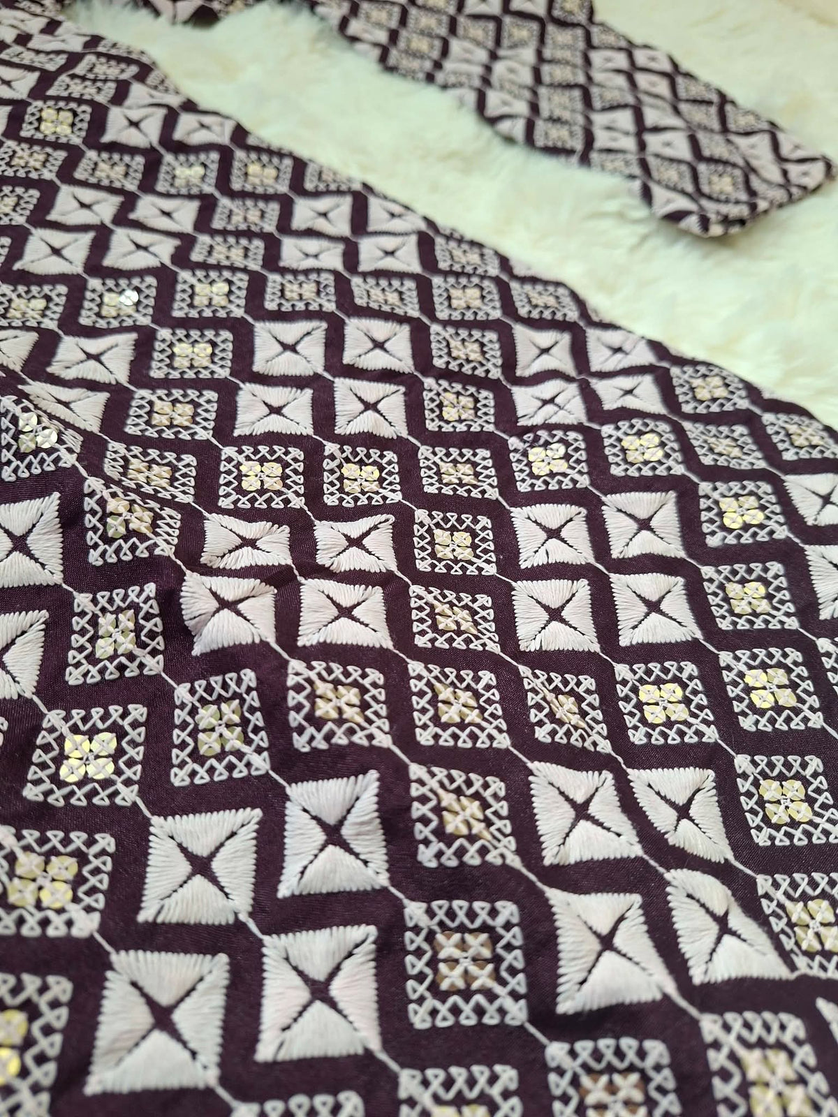 Men's Burgundy Soft Silk Embroidered Kurta Panjabi | All-Over White Threadwork & Sequin Geometric Motif Kurta (Size 42 )