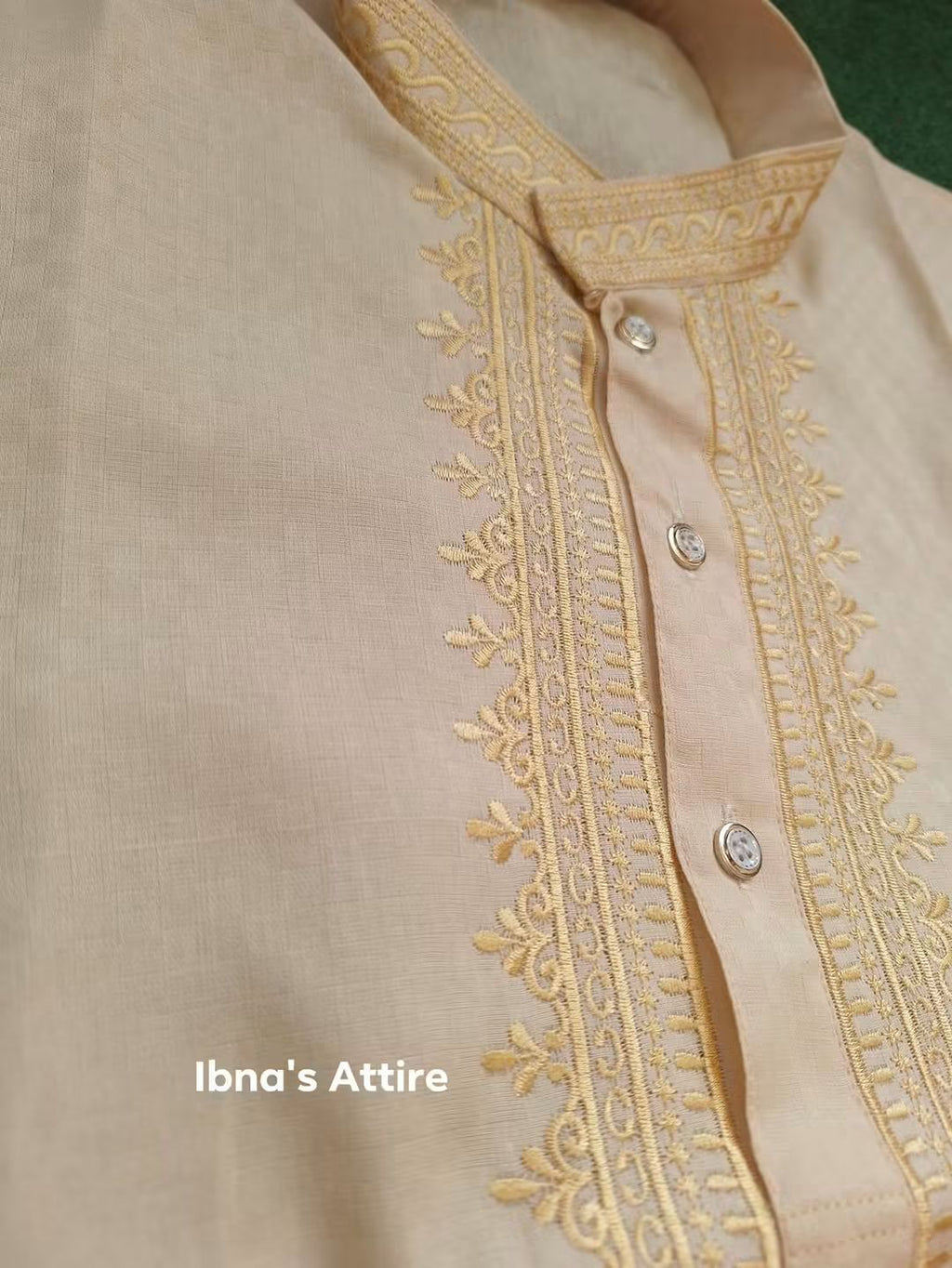 Summer-Friendly 100% Handloom Cotton Panjabi for Men in Light Beige with Self Jacquard Weave and Neckline Embroidery (Size-40)