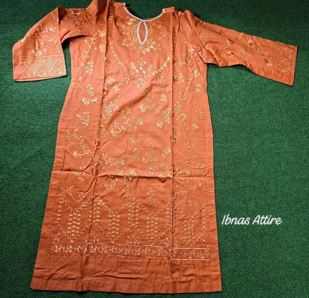 3-Piece Pakistani Lawn Suit in Rust Orange with Front Embroidery, Plain Lawn Pant, and Floral Embroidered Georgette Dupatta (Size- 42)