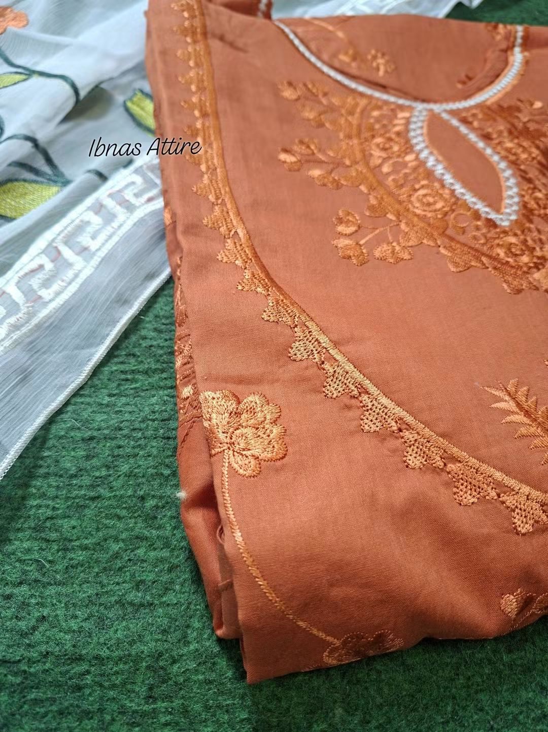 3-Piece Pakistani Lawn Suit in Rust Orange with Front Embroidery, Plain Lawn Pant, and Floral Embroidered Georgette Dupatta (Size- 42)
