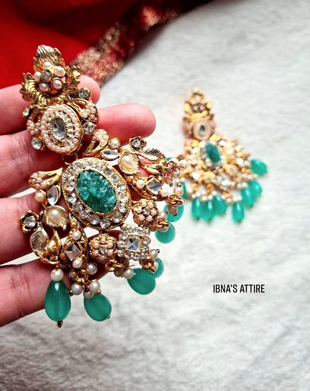 Gold Plated Statement Earrings with Crushed Green Stones, Pearls, and Hanging Bead Dangles
