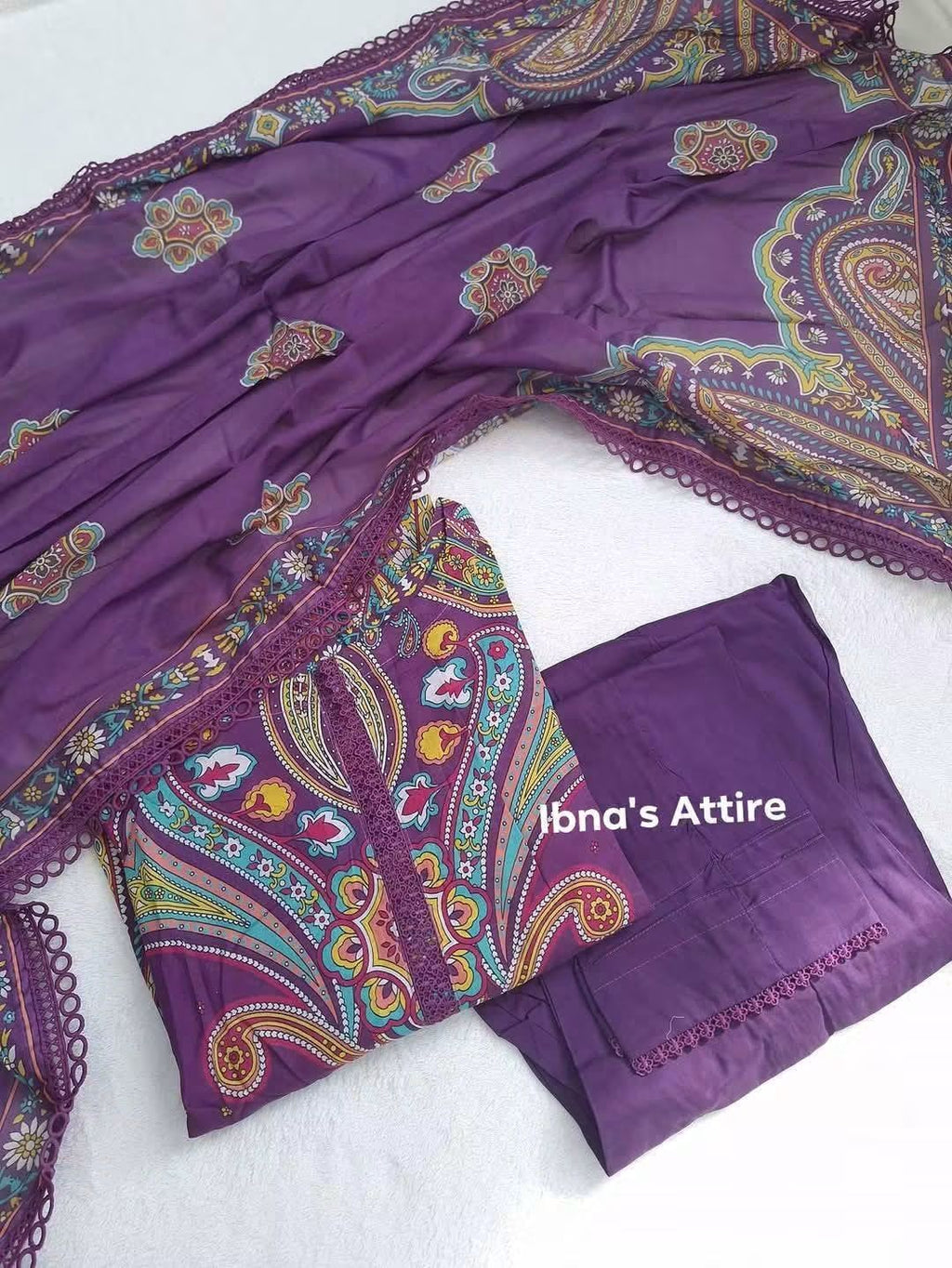 Gul Jee Purple Digital Printed Pure Pakistani Lawn 3-Piece Suit with Lace Work & Voil Dupatta (Size 40)