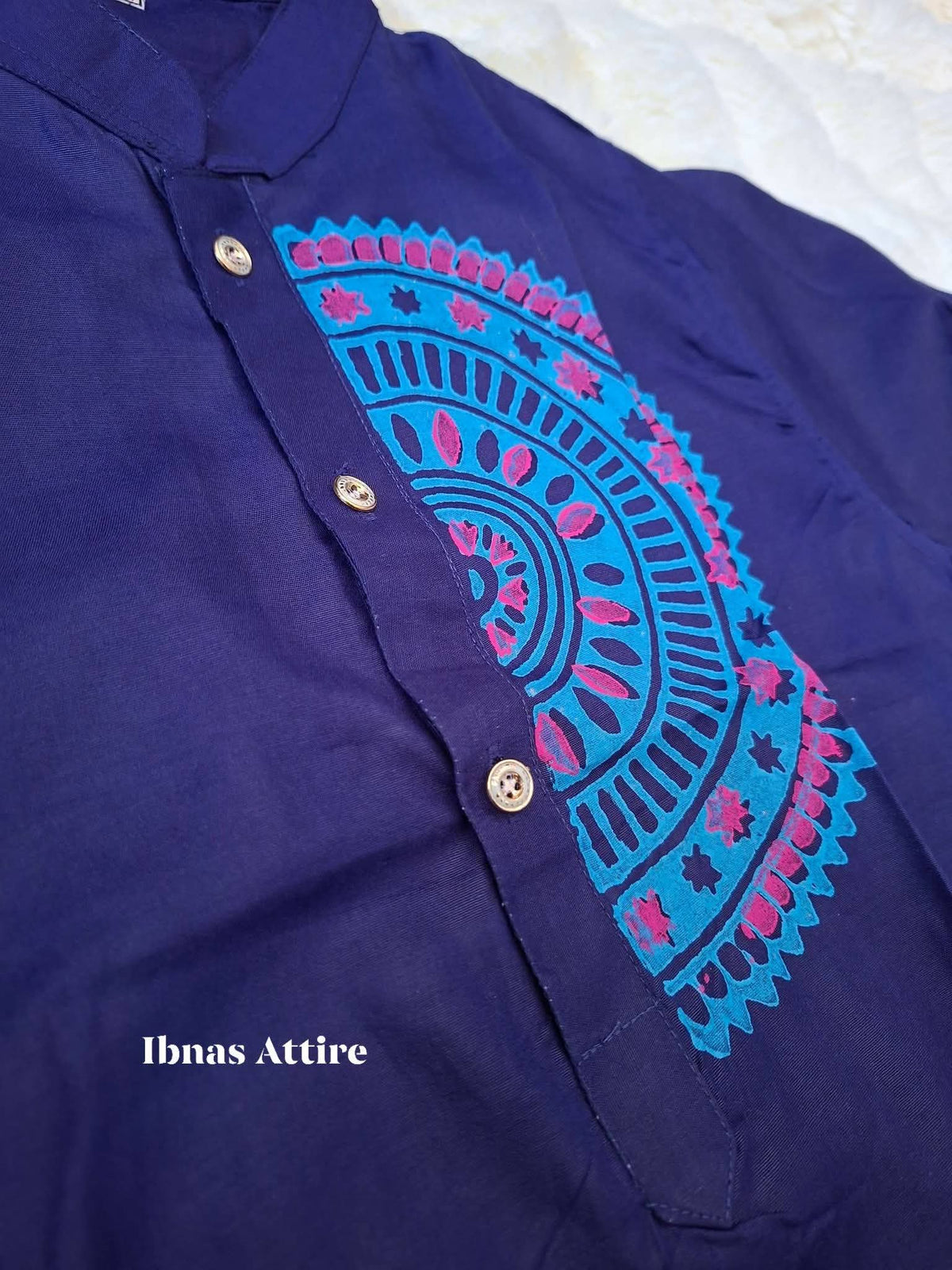 Hand Block Printed Bangladeshi Silk Panjabi | Navy Blue Traditional Ethnic Kurta with Mandala Motif (Size 38)