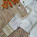 Ready-to-Wear Boutique Special Jasmin Silk Blouse with Sequence Embroidery, Puff Elbow Sleeves in White-  (Size-38)-(Free Size Alteration From 36 to 40 Size)