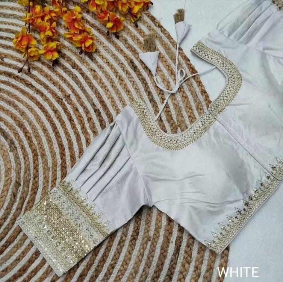 Ready-to-Wear Boutique Special Jasmin Silk Blouse with Sequence Embroidery, Puff Elbow Sleeves in White-  (Size-38)-(Free Size Alteration From 36 to 40 Size)