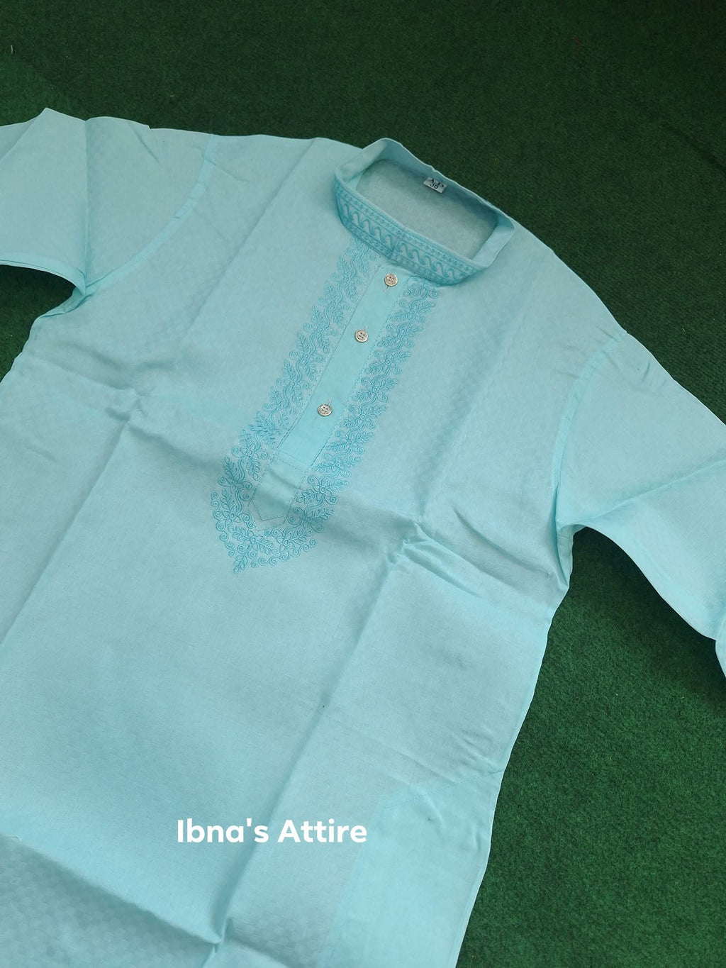 Summer-Friendly Sky Blue 100% Cotton Handloom Panjabi | Full Sleeve Men's Ethnic Kurta with Self Jacquard & Neckline Embroidery