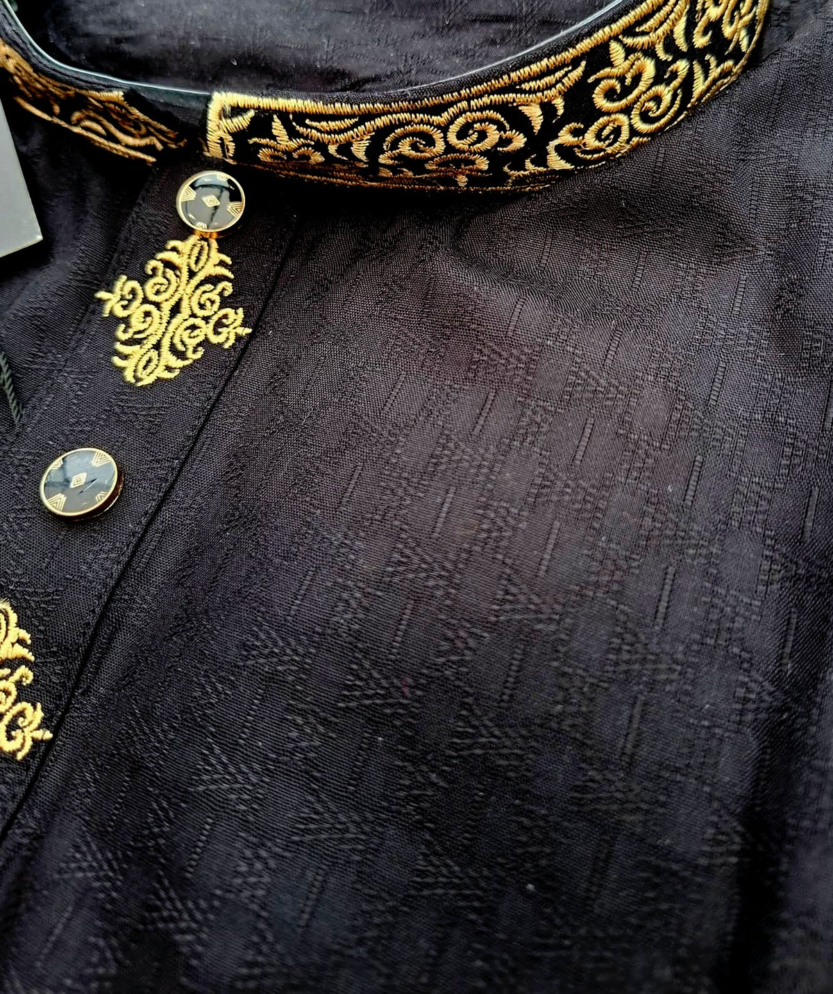 Men's Classic Black Soft Cotton Panjabi with Golden Zari Embroidered Collar & Cuffs (Size 44 & 48)