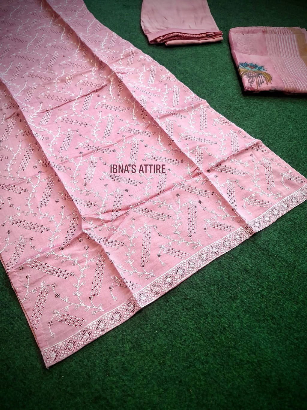 Roman Silk Chikan Kari Sequence Work 3-Piece Suit | Elegant Pink Designer Ensemble (size-38)