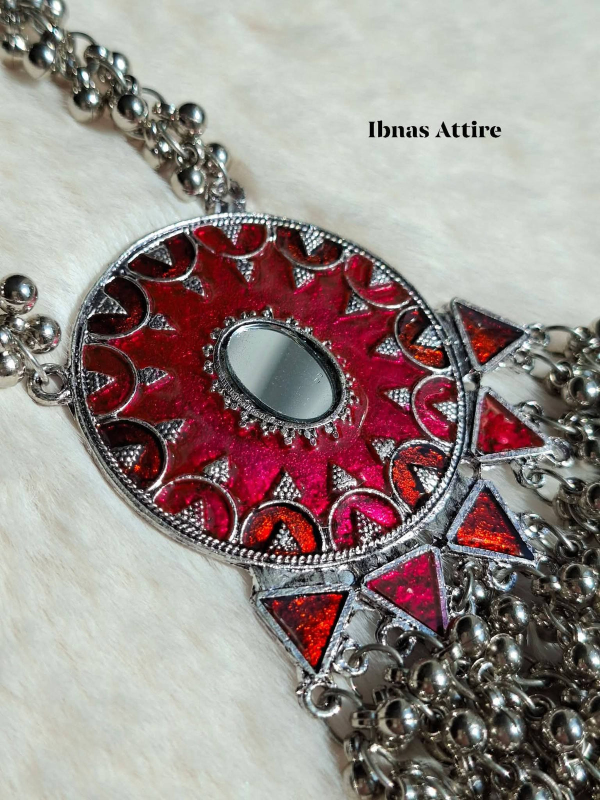 Oxidized Silver Long Necklace Set with Red Enamel & Central Mirror Detailing