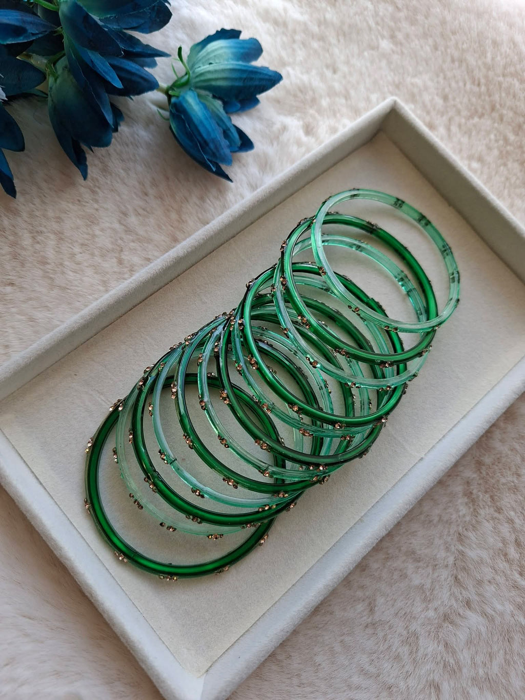 Emerald Green and Light Green  Glass Bangle Set with Golden Rhinestone Crystals (12-Piece Set) | Traditional Indian Glass Bangles (Size 2.8)