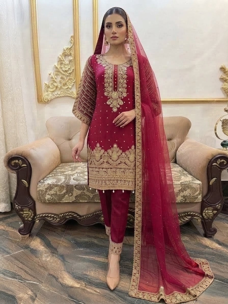 Pakistani Georgette 3-Piece Designer Suit in Magenda with Stone, Zari, Mirror Work, Embroidered Trouser, and Matching Dupatta (Size-44)
