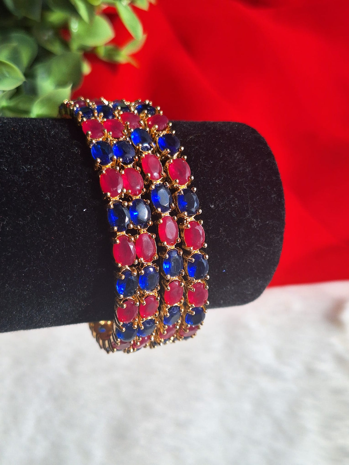 Gold-Plated AD Bangles Set with Multi-Color Ruby and Sapphire Blue Oval Stones-4 Piece- (Size-2.6)