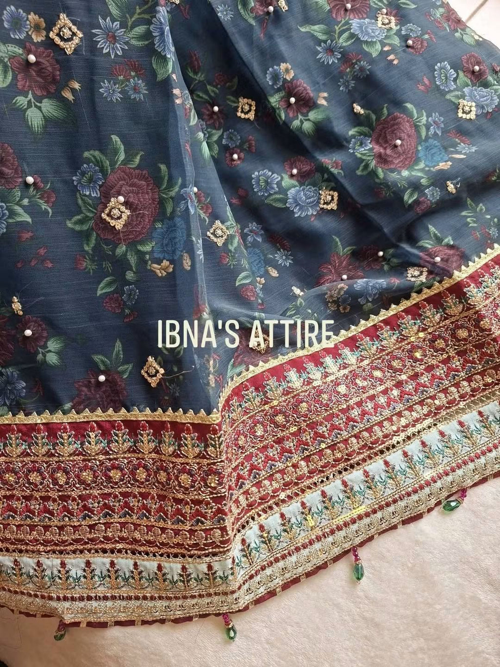 Party Wear 3-Piece Pakistani Chiffon Suit in Dark Teal with Digital Print, Sequins, Gota Work, Silk Trouser, and Embroidered Dupatta (Size- 44)