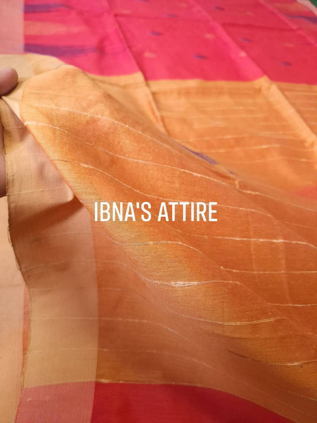 Pure Khaddi Cotton Handloom Saree | Dual-Tone Coral Pink & Ochre Yellow Handwoven Saree with Contrast Blouse Piece