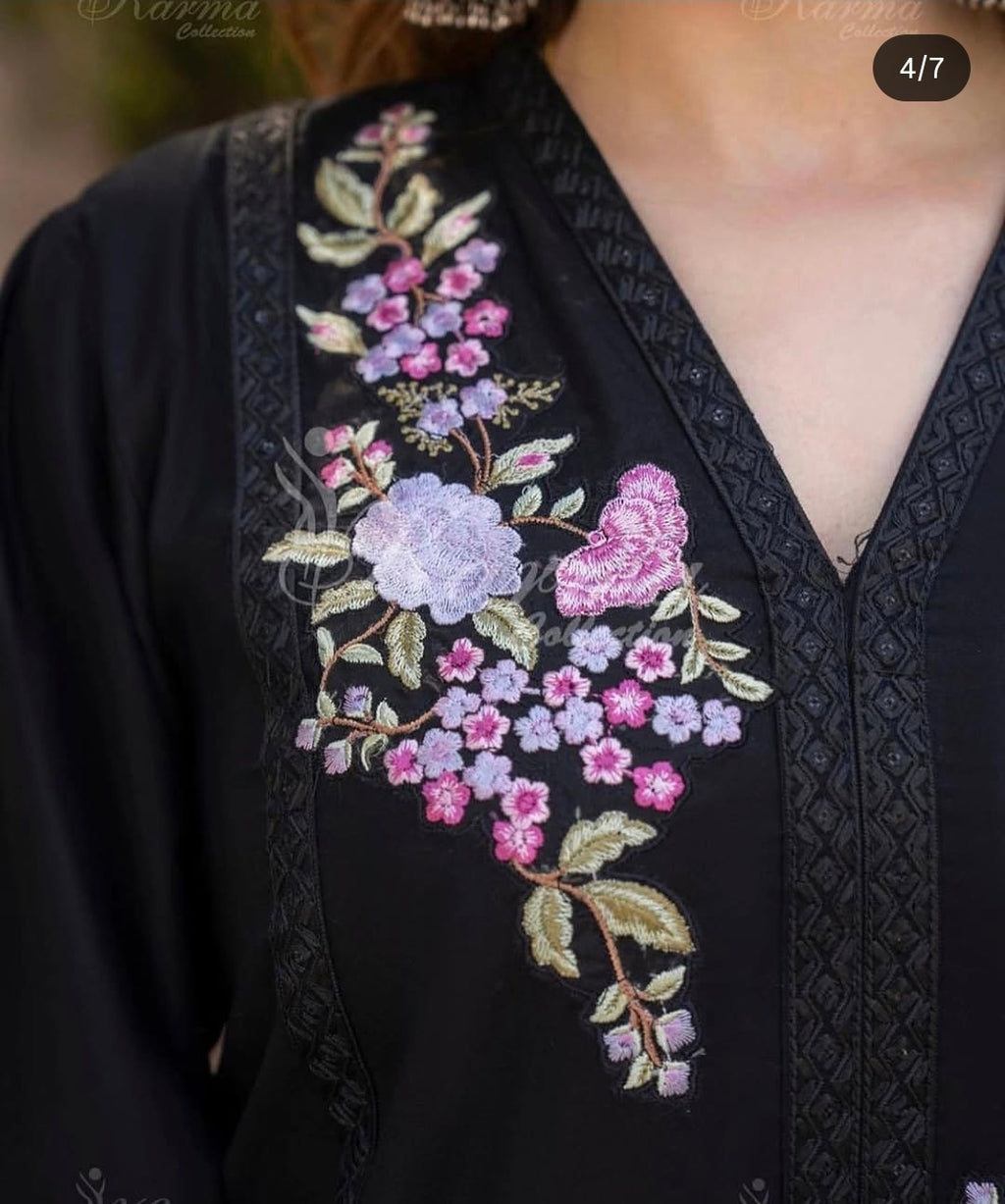 Karma ChikanKari Pakistani Lawn 3-Piece Suit | Black Floral Printed Khaddi Dupatta Set (Size- 38)