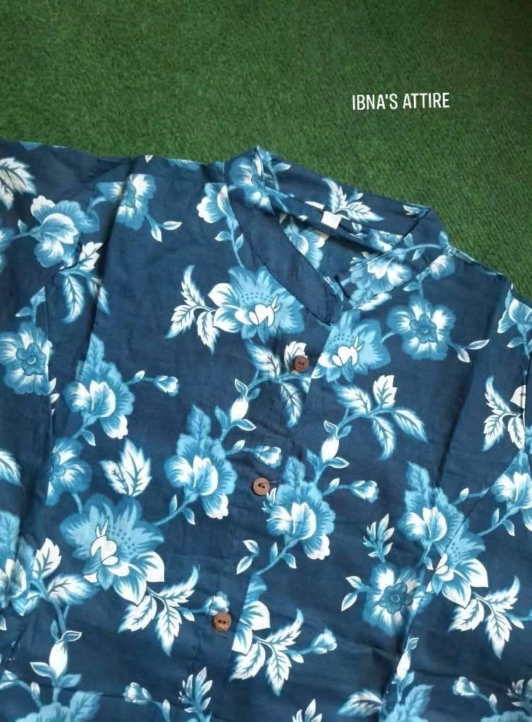 Premium Jaipuri Floral Fine Cotton Kurti in Blue with Front Buttons and Pocket (Size-38)