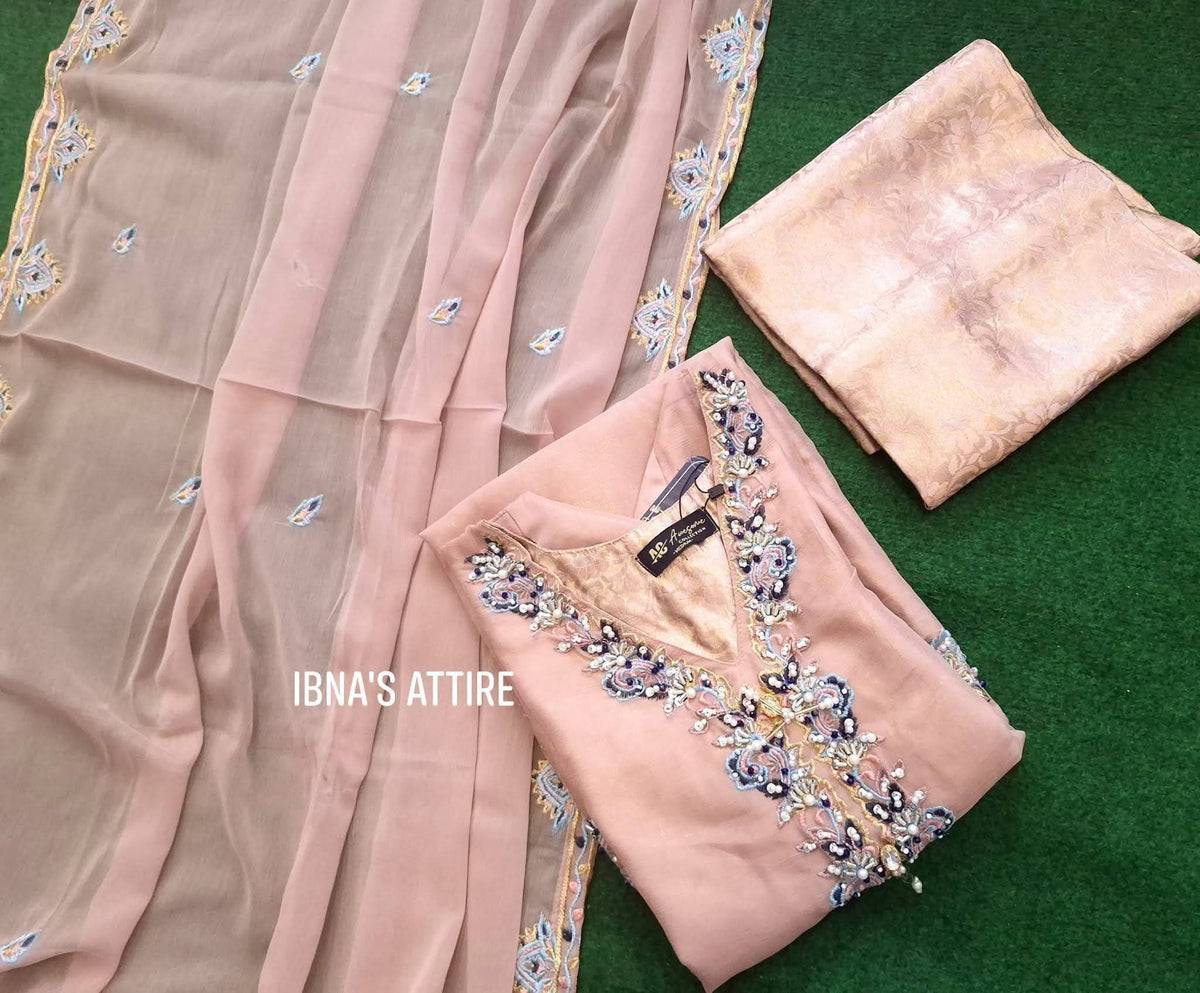 Luxury Pret Pakistani Chiffon Hand-Embellished 3-Piece Suit | Dusty Pink Banarsi Katan Designer Festive Wear (Size-42)