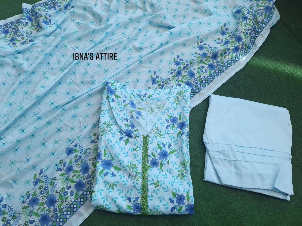 Pakistani Lawn Digital Printed 3-Piece Suit | Light Blue Floral Casual Wear (Size-40)