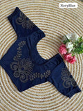 Stretchable Lycra Saree Blouses with Original Sirojki Work and Frill Sleeves in Navy Blue  - (Free Size: 36,38,40)